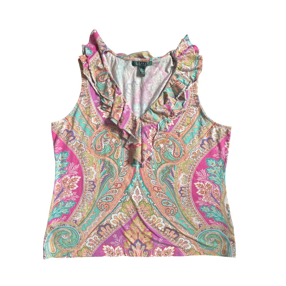 Lauren Ralph Lauren Pink Paisley Boho Ruffle V-Neck Sleeveless Cotton Top XL